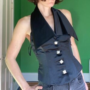 Vintage 90s Victor Costa silk Black Halter Top with Large Collar bustier vest